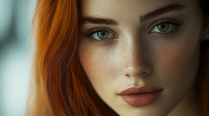 Fototapeta premium Close-up portrait of a young red-haired woman with green eyes and freckles, minimal makeup, authentic skin texture, calm and intense gaze, soft daylight, ultra-realistic