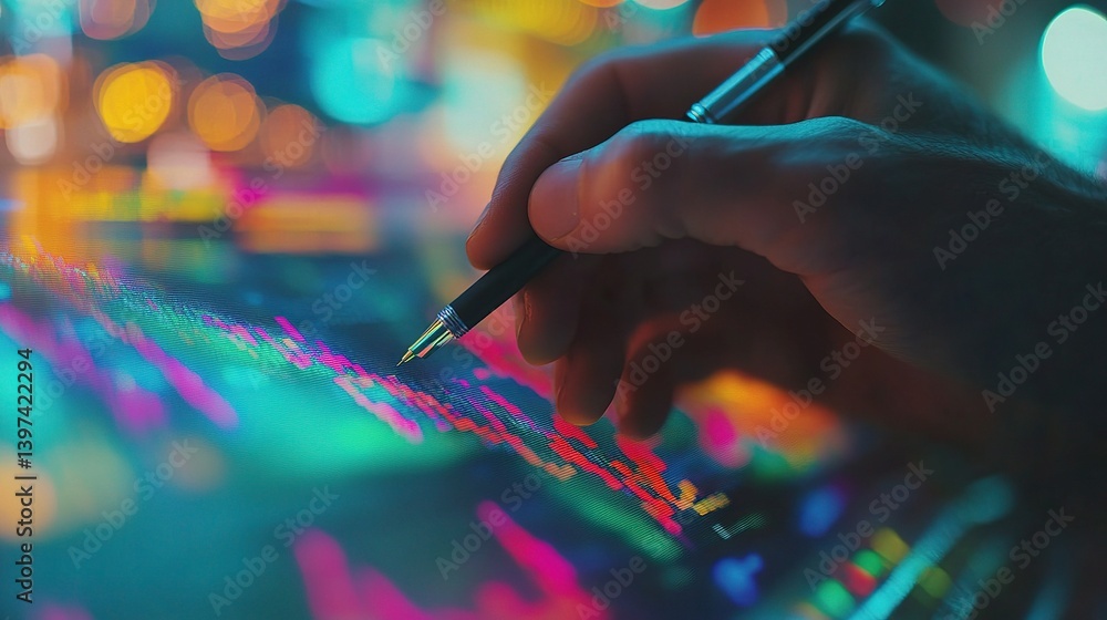 Poster man working with pen on abstract virtual financial data background