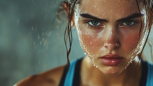 Close up portrait of a sweaty woman with intense gaze after workout in a gym environment