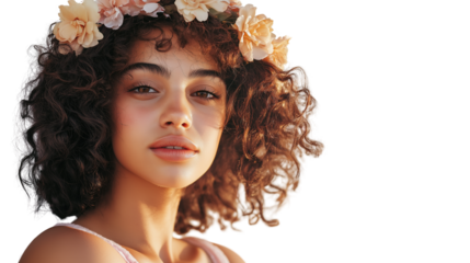 Teen girl with curly hair and summer flower crown, wearing pastel tank top, dreamy look, sunlit skin tone, cropped waist portrait, no visible hands, clean white background, high quality PNG
