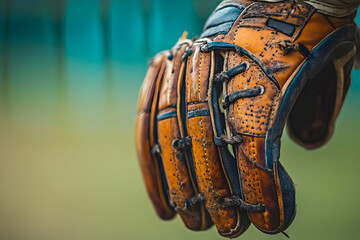 Close up shot of a worn and used baseball glove item