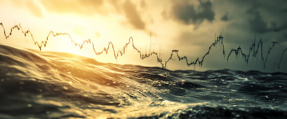 Sunlit ocean waves merge with a financial stock chart in a surreal depiction of market volatility and nature.