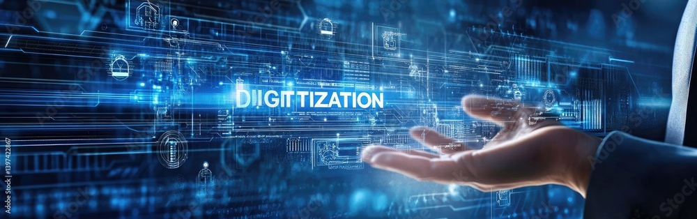 Poster digitization interface hand on futuristic blue screen with tech circuitry layout