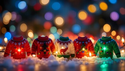Festive miniature sweaters glowing with holiday cheer amidst a magical bokeh of twinkling lights, creating a whimsical Christmas scene.