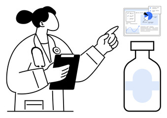 Medical specialist points at charts and graphs while holding a clipboard, with a vaccine vial nearby. Ideal for healthcare, research, medical analysis, treatment planning, vaccination, data