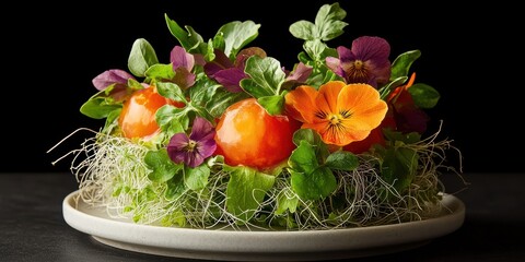 Green salad with edible flowers carefully plated on white ceramic dish with elegant food styling using colorful herbs vegetables on black background for culinary visuals