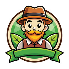 Cartoon Farmer With Wheat Ears, Red Ribbon and Brown Hat Happy Caucasian Man