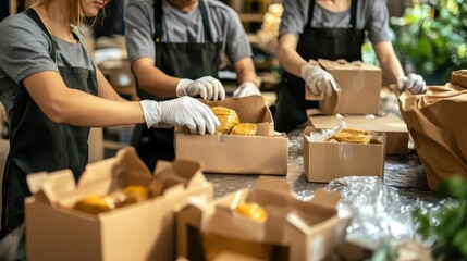 People packing food items inside cardboard boxes for distribution purposes