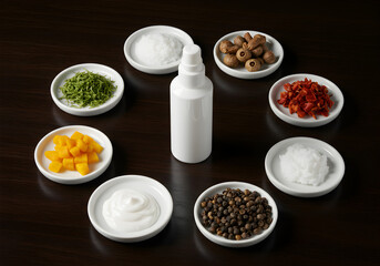 White skincare products with spices in circular arrangement