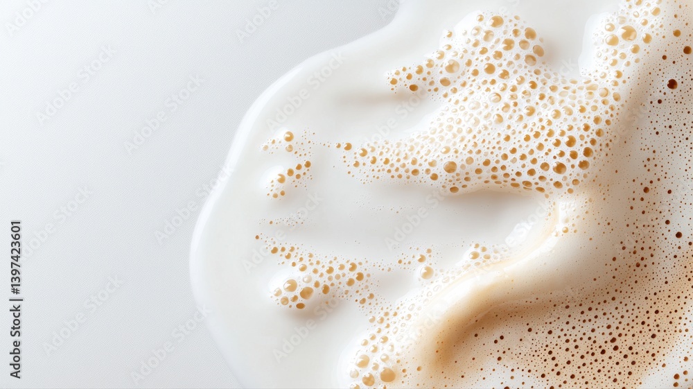 Poster close-up of frothy milk with bubbles creating a creamy texture on a smooth surface.