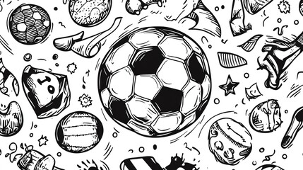 A dynamic illustration featuring a soccer ball surrounded by various sports equipment and playful doodles conveying energy and excitement.