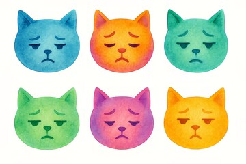 Pensive Watercolor Cat Faces, Sad Emoji Expressions, Hand-Painted Illustration