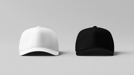 White and black snapback caps mockup on a grey background.