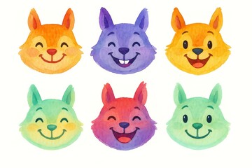 Fototapeta premium Charming Watercolor Squirrel Emoji Faces, Happy Expressions in Whimsical Mood
