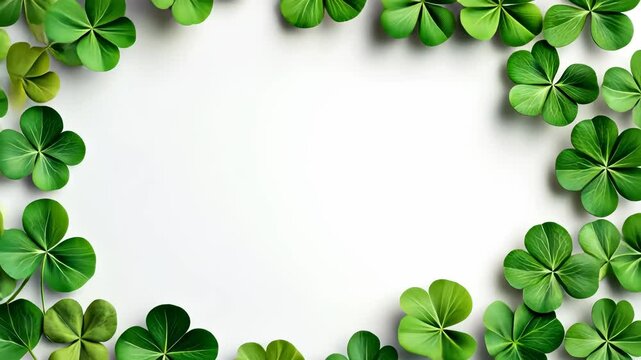 Verdant circular frame green four leaf clover a postcard from wreath symbolizing natural crafted against pristine white surface for overlapping, harmony for Patrick's Day video 4k