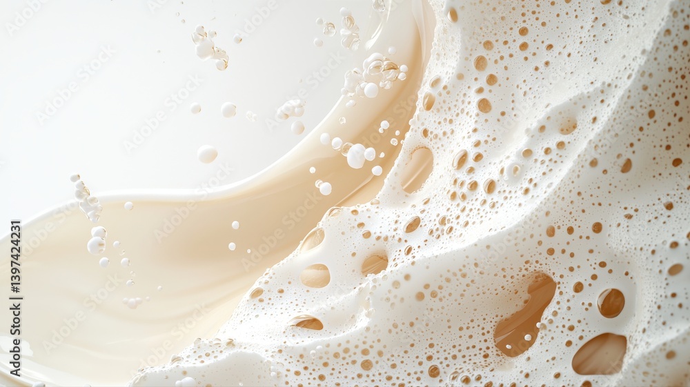 Poster close-up of frothy swirling milk with air bubbles, creating a dynamic and creamy texture.