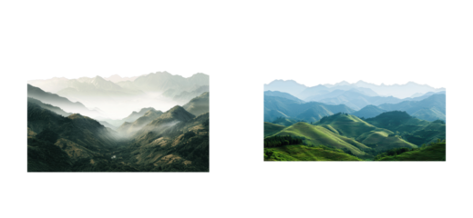 Majestic mountainous landscapes with misty valleys and rolling hills, cut out - stock png