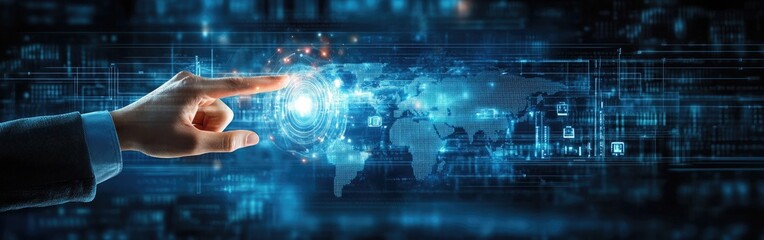 Finger Tapping Glowing Digital World Map with Blue HiTech Futuristic Interface