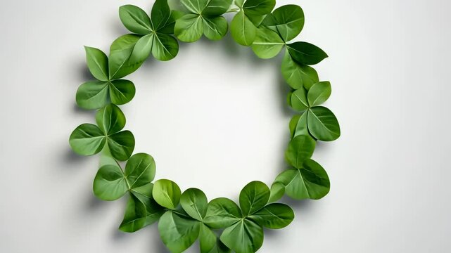 Verdant circular frame green four leaf clover a crafted against overlapping, symbolizing natural harmony from pristine white surface for wreath postcard for Patrick's Day video 4k