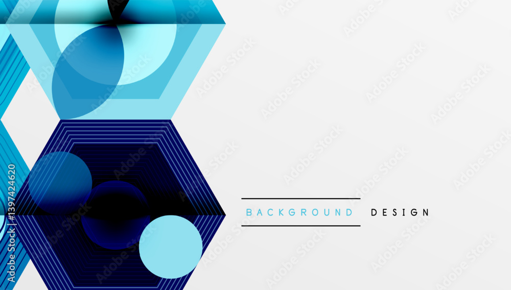 Aufkleber Abstract geometric pattern. Hexagons, circles overlap creating dynamic visual effect. Blue shades dominate, contrasting white space. Modern design element.