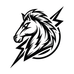 Intricate Black and White Horse Head Design with Lightning Bolts Isolated on White
