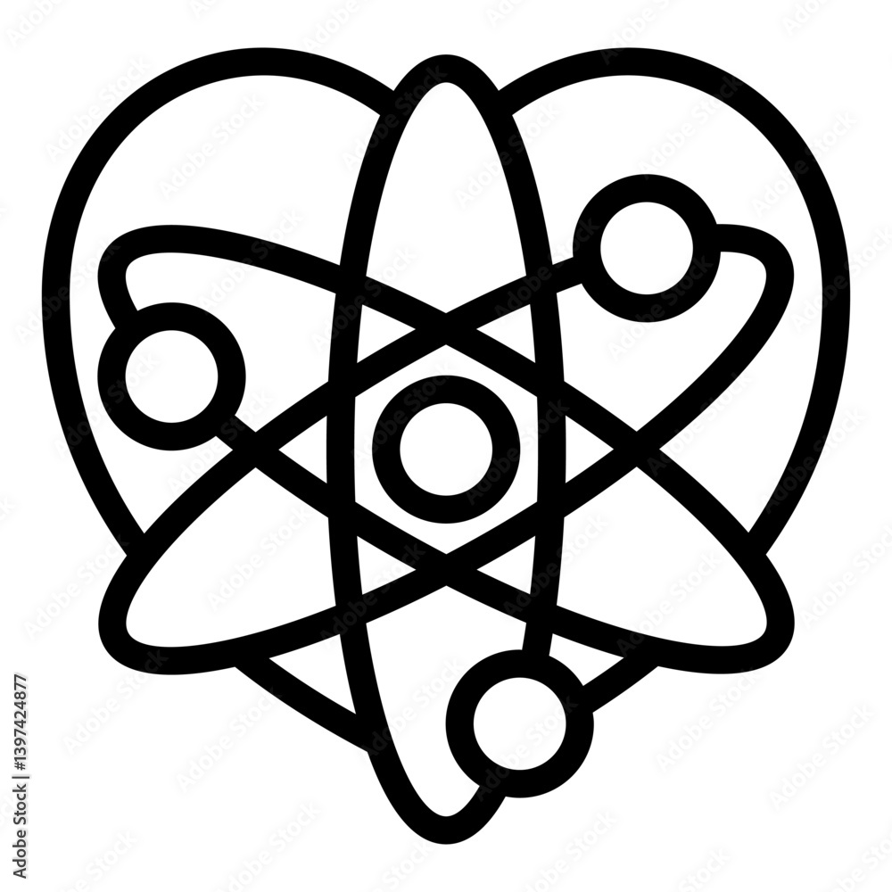 Poster heart shape with atom line icon, laboratory experiment concept. vector graphics. atom elements, stru