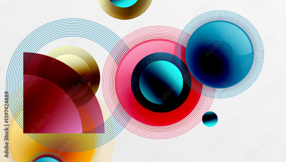 Poster Abstract composition featuring overlapping circles, arcs, vibrant colors. Geometric shapes create dynamic visual effect. Modern design, clean lines, smooth gradients present.