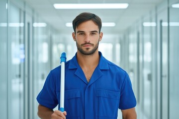 Confident worker in blue uniform, holding cleaning tool in moder