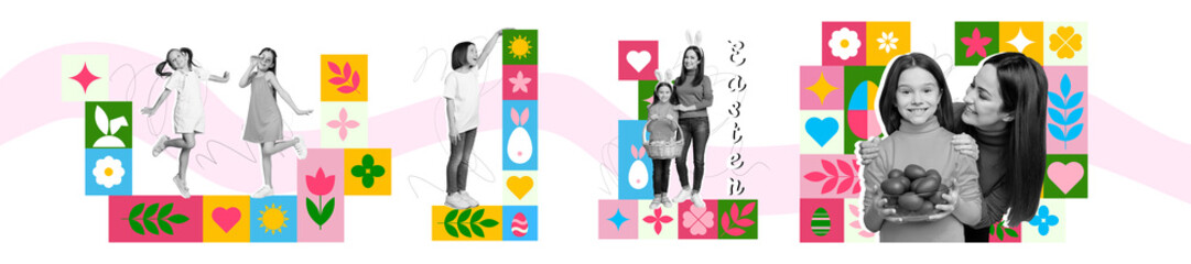 Creative artwork collage featuring lively colors and graphical elements, stylish design showcasing everyday connections and joy