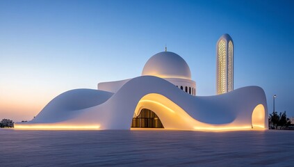 Modern Mosque Architecture with Dome and Minaret at Twilight