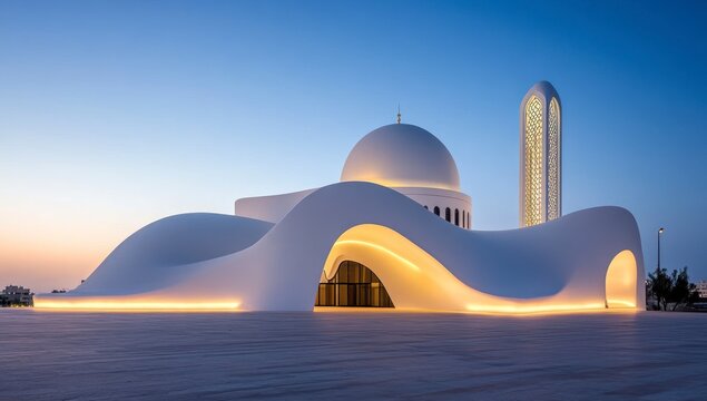 Modern Mosque Architecture with Dome and Minaret at Twilight