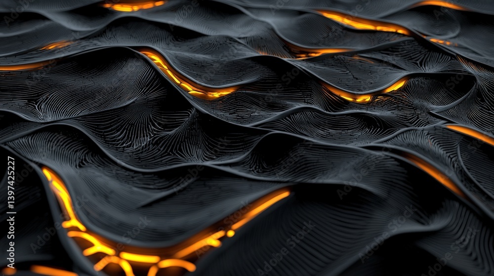 Poster a textured surface with wavy patterns in black, highlighted by glowing orange lines, creating a mode