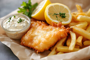 A fish and chips meal with lemon and tartar sauce