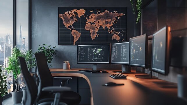 command center setup with sleek office design multiple screens and world map display focusing on modern digital control and environment protection strategy