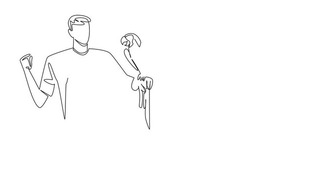 Animated self drawing of single continuous line drawing blue gold macaw parrot perched on hand man. Animals with beautiful, striking colors. Ability to speak. Man Holding Bird. Full length animation