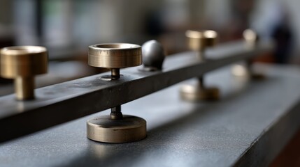 A detailed view of an antique measuring instrument on a table, with a gold-toned balance hinting at precision and history.