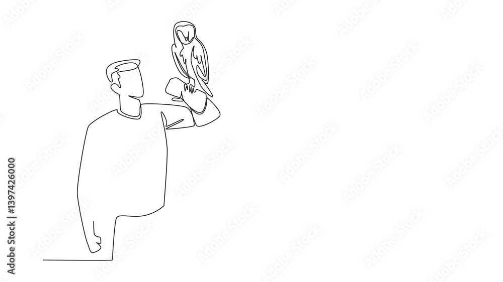 Aufkleber self drawing animation of continuous one line drawing barn owl perched on hand of man. has a distinc