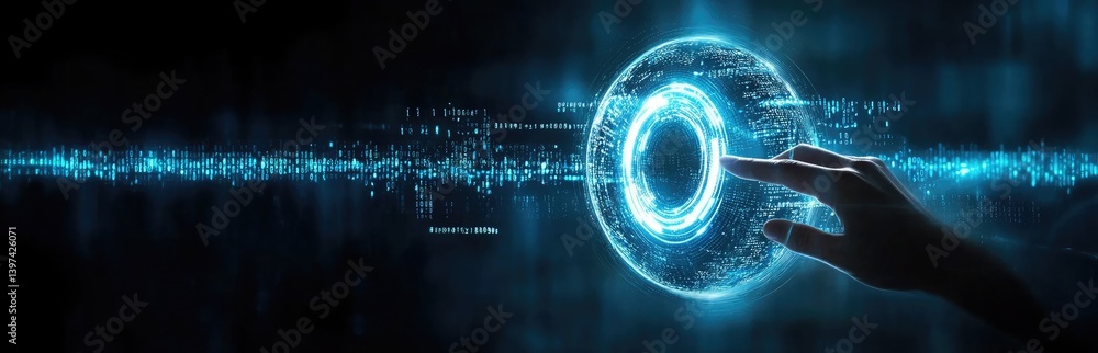 Poster finger touching digital circle on a transparent background with data stream