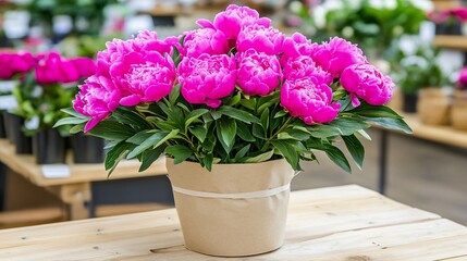 Pink peonies in a pot. Lush blooms on a wooden table