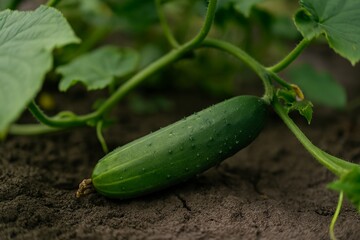 Obraz premium Horizontal photo of a ripe cucumber resting on soil among garden vines, ideal for organic agriculture content, healthy food visuals, or farming and sustainability topics.