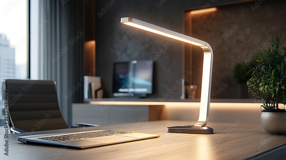 Poster sleek modern desk lamp casting light on metallic surface showcasing minimal design and stylish glow 