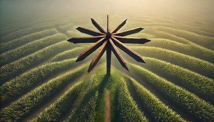 放射状に沢山の分岐路と案内板のある草原