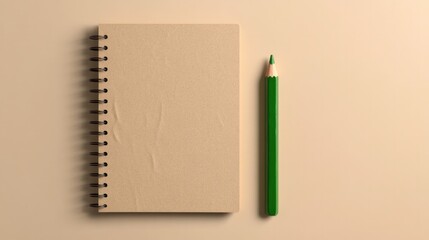 Blank notebook and green pencil on soft beige surface inspire cr