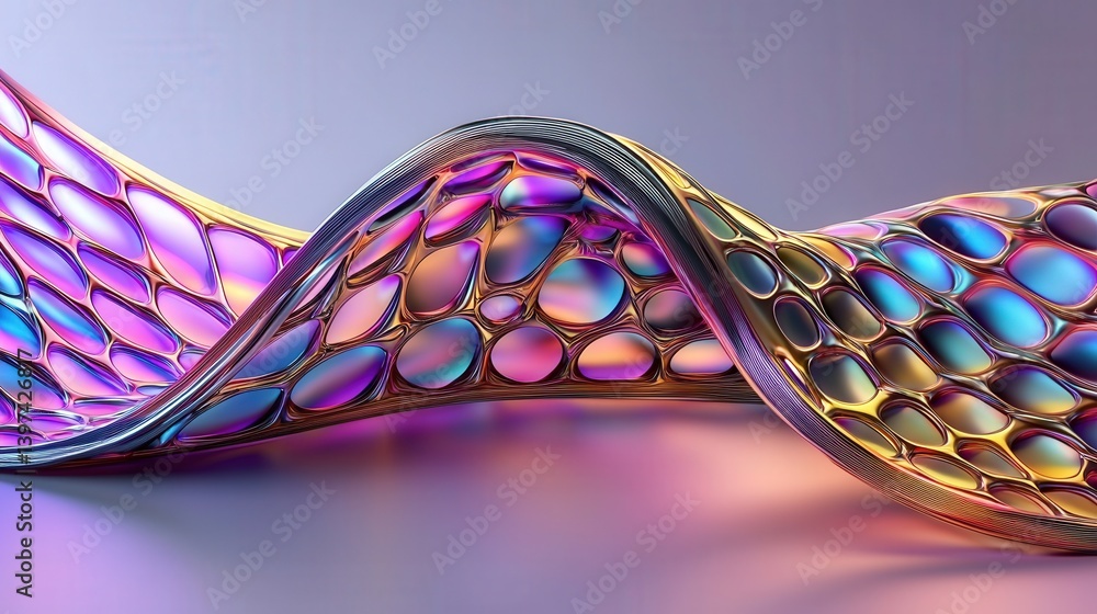 Poster a vibrant, flowing structure with a web-like pattern, showcasing iridescent colors against a soft ba