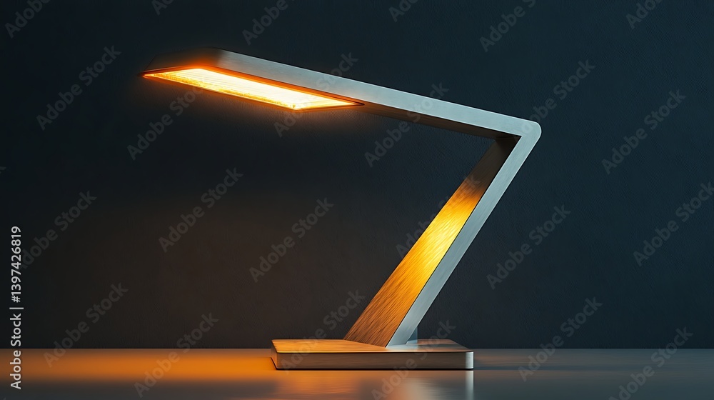 Poster sleek modern desk lamp casting light on metallic surface showcasing minimal design and stylish glow 