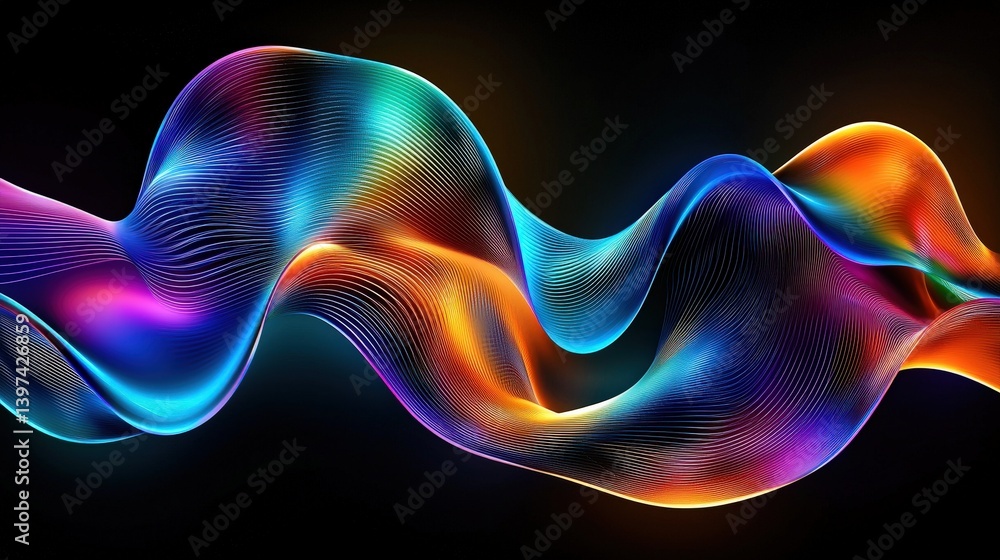 Poster a vibrant, flowing wave of colors with intricate lines, creating an abstract visual effect against a