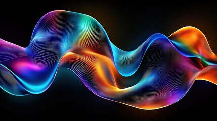 A vibrant, flowing wave of colors with intricate lines, creating an abstract visual effect against a dark background.