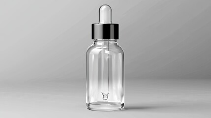 Naklejka premium A clear glass bottle with a black cap and a glass dropper on a gray background in a studio setting