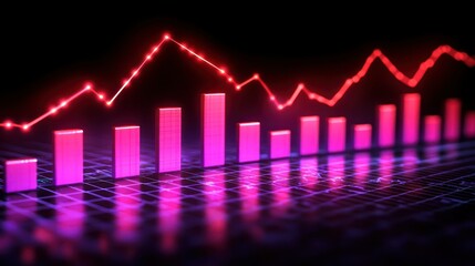 Glowing red and pink chart with bars and line on grid background