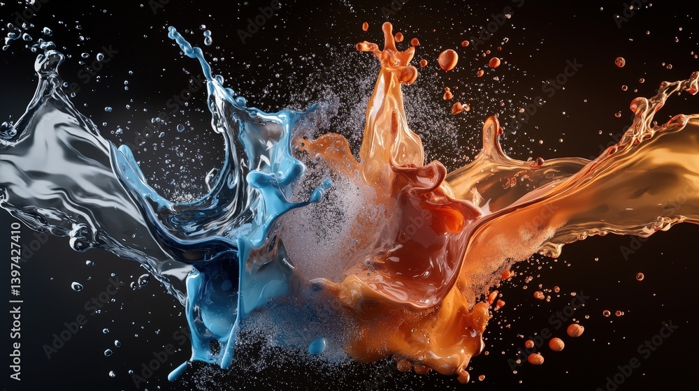 Poster a vibrant splash of blue and orange liquid collides in a dynamic display, creating an eye-catching a